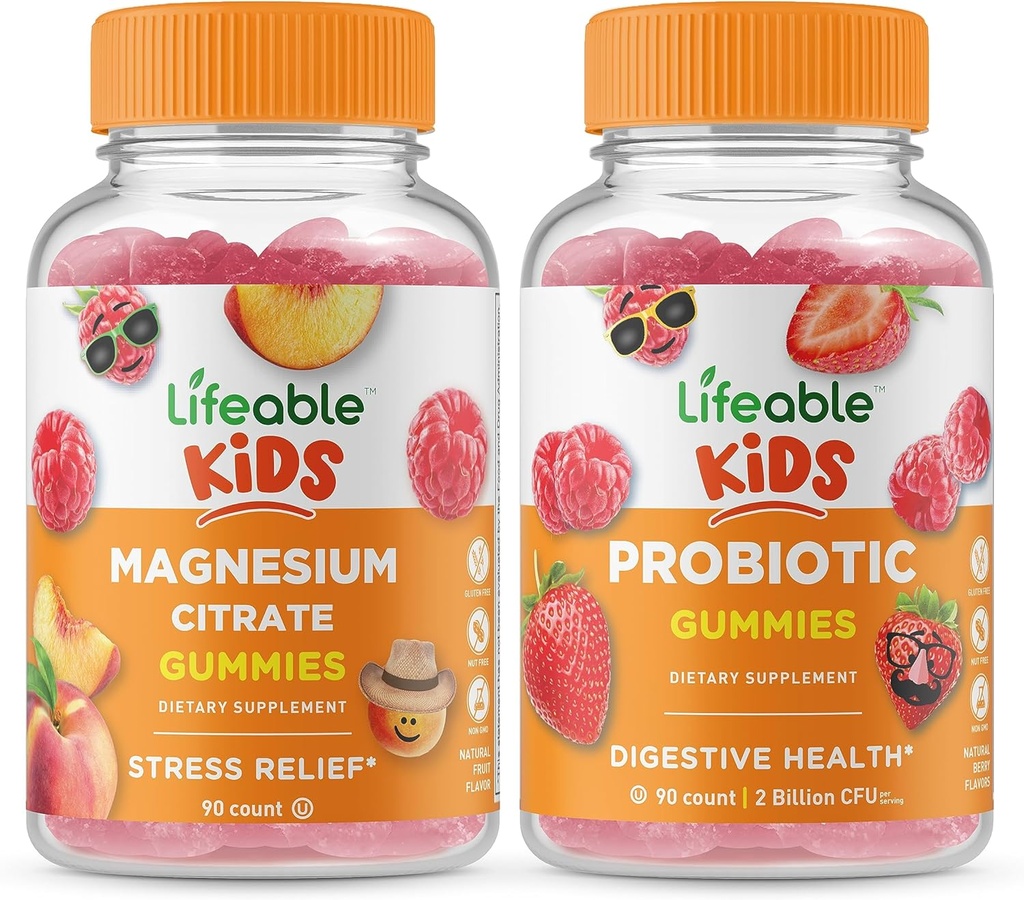 Lifeable Magnesium Citrate Kids + Probiotic 2 Billion CFU Kids, Gummies Bundle - Great Tasting, Vitamin Supplement, Gluten Free, GMO Free, Chewable Gummy