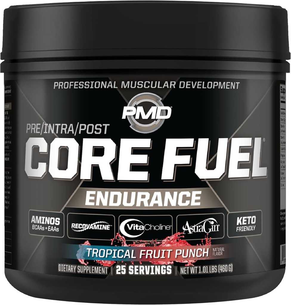 PMD Sports Core Fuel Endurance, Performance " Recovery - BCAAs, EAAs, Beta Alanine, Betaine Anhydrous, Glutamine, Electrolytes - Crecimiento muscular, Fuerza - Estim Free, Tropical Fruit Punch (25 Servimientos)