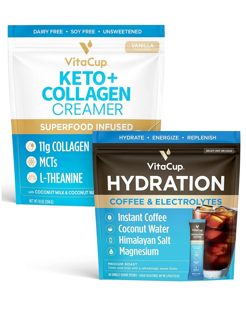 VitaCup Hydration Instant Coffee Sticks w/Electrolytes, Coconut Water, Medium Roast 18ct &amp; Keto + Collagen Vanilla Coffee Creamer w/Superfoods & MCTs, 10 oz