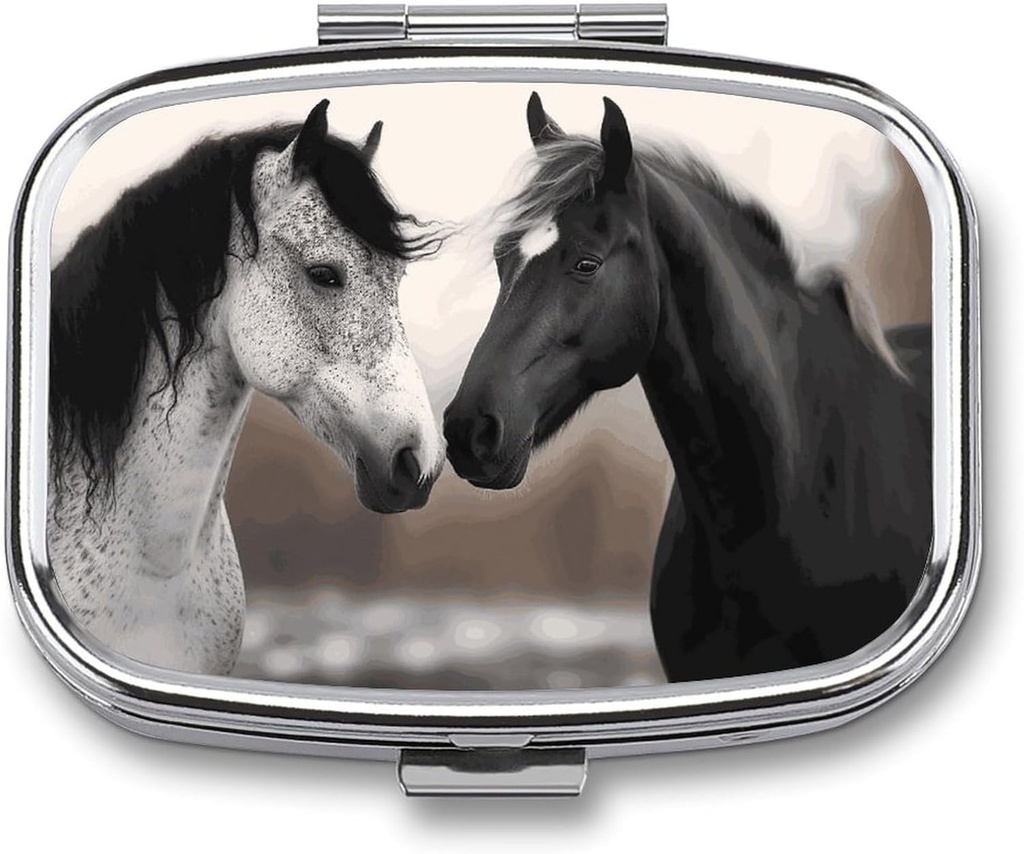 Caja de Píldora de Píldoras de Caballos Negros y Blancos, 2 Caja de Píldora Decorativa de Bolsillo para Bolsillo o Púrpura Mini Travel Medicine Tablet Vitamin Holder Organizer Pill Case