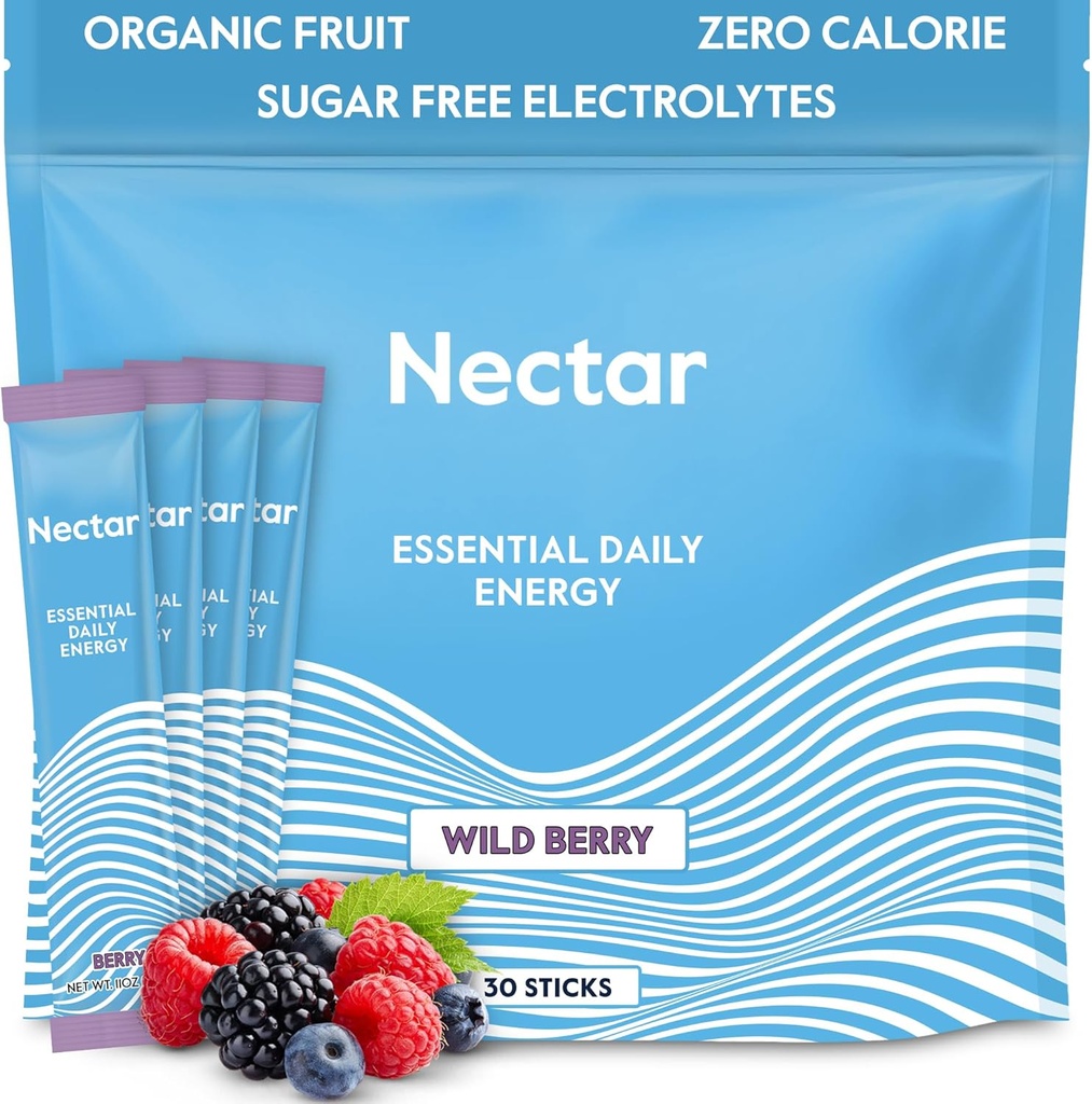 Nectar Energy Booster - Caffeine orgánica, B12 &amp; Electrolytes - Sugar Gratis " Cero Calorie - Café saludable, bebida energética " Alternativa Soda - Hydration " Energy Supplement (Berry 30 Powder Packets)