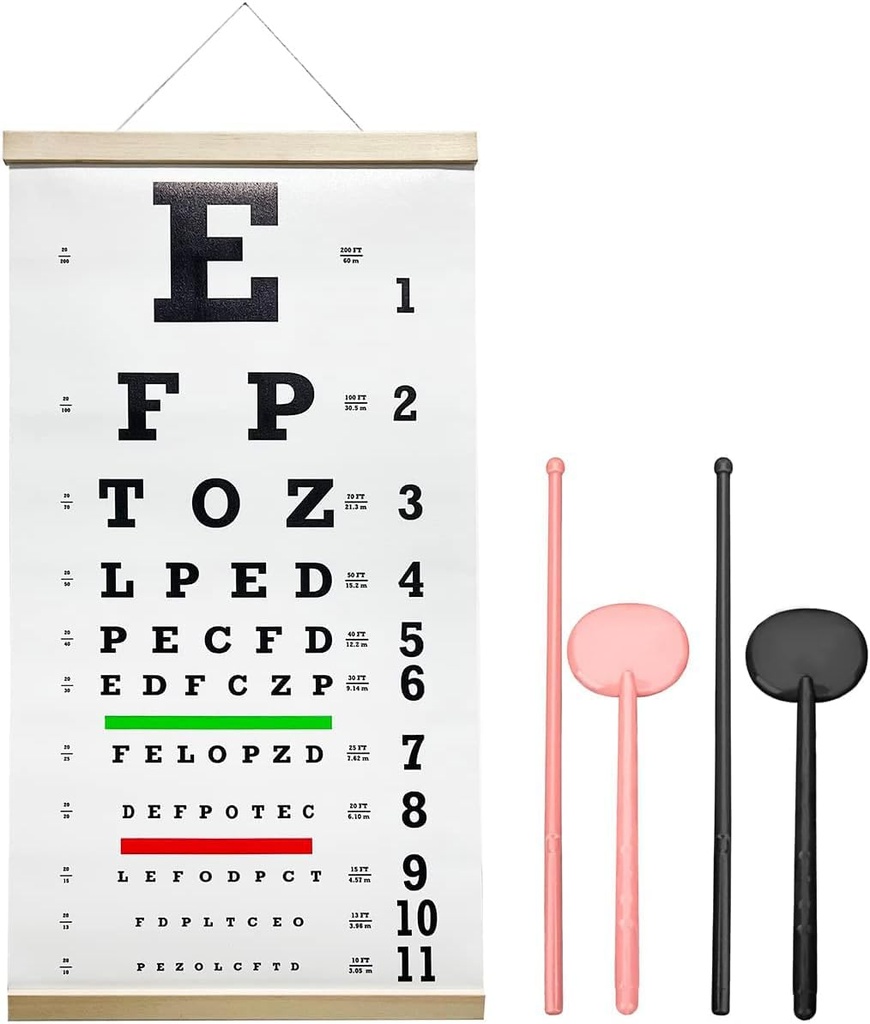 Snellen Eye Chart,Eye Chart,Snellen Eye ExamSnellen Eye Chart Pocket Eye Exam Kit with Cute Eye Occluders 20 Feet Optical Eye Test Reusable Wooden Frame Canvas Eye Chart for Kids and Adults