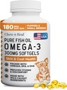 Aceite de pescado silvestre Omega 3 para perros - 180 cápsulas de Softgel para la piel sana y la carne - 300 mg Mini píldoras de aceite de pescado para el acolchado, piel seca y manchas calientes - Pet Omega suplemento de Salmon