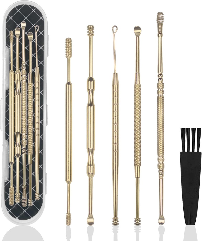 Hion 6 Pcs Extended Ear Wax Removal Kit,Profesional Doble-Headed Ear Pick Earwax Removal Tools,316L Acero Inoxidable Ear Cleaner Curette with Cleaning Brush and Storage Box,Suit for Kid Adult(Gold)