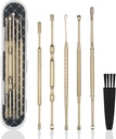 Hion 6 Pcs Extended Ear Wax Removal Kit,Profesional Doble-Headed Ear Pick Earwax Removal Tools,316L Acero Inoxidable Ear Cleaner Curette with Cleaning Brush and Storage Box,Suit for Kid Adult(Gold)