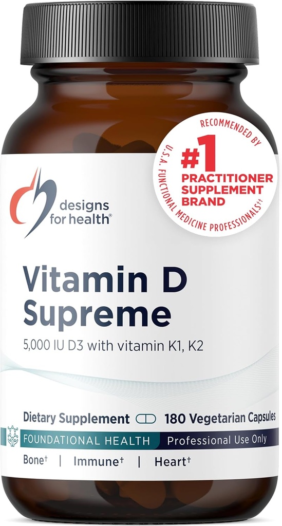 Diseños para la salud Vitamina D Supremo - Vitamina D 5000 UI con 2000mcg Vitamina K como MK4 para la salud ósea, la salud cardíaca, el sostén de la humedad - Vitamina D3 Mejorada con GG Suplemento (180 cápsulas)