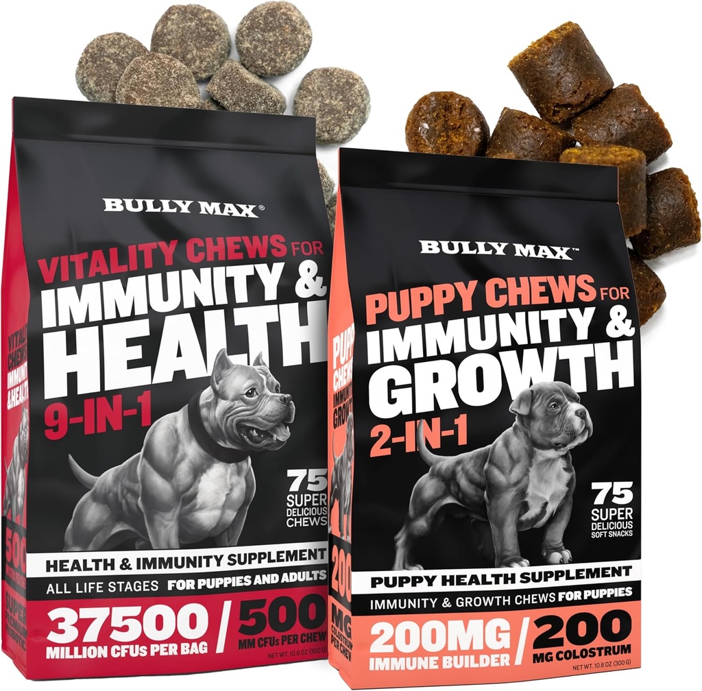 Bully Max Vitality Dog Chews and Puppy Soft Chews Bundle for Total Support with Daily Vitamins for Puppies and Adult Dogs – Incluido Immune, Joint, Skin, Coat, Digestion, and Development Support