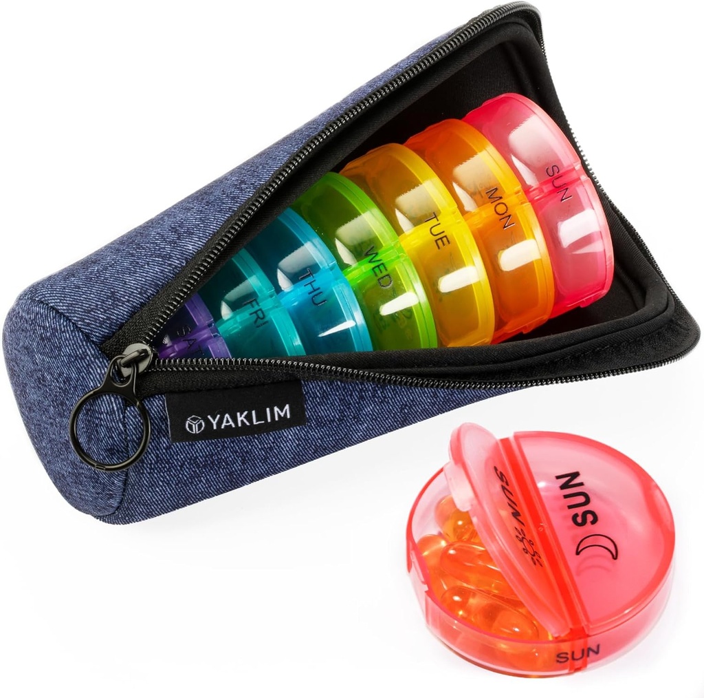 Organizador de píldoras de viaje 2 veces al día, AM/PM Pill Containers 7 Day Ultralight Portable Canvas Bag Travel Pill Case Caja semanal de píldoras para la medicina, vitaminas, aceites de pescado, suplementos (denim)