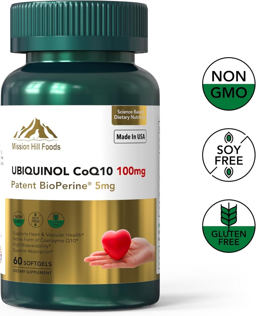 Premium Ubiquinol CoQ10 + BioPerine (100mg) ← Antioxidante para la salud cardíaca (1 Bottle-60 Softgels-2mo Supply) Silencio Alta Absorción Corazón & Vascular Vitaminas latitud No GMO &amp; Gluten Free