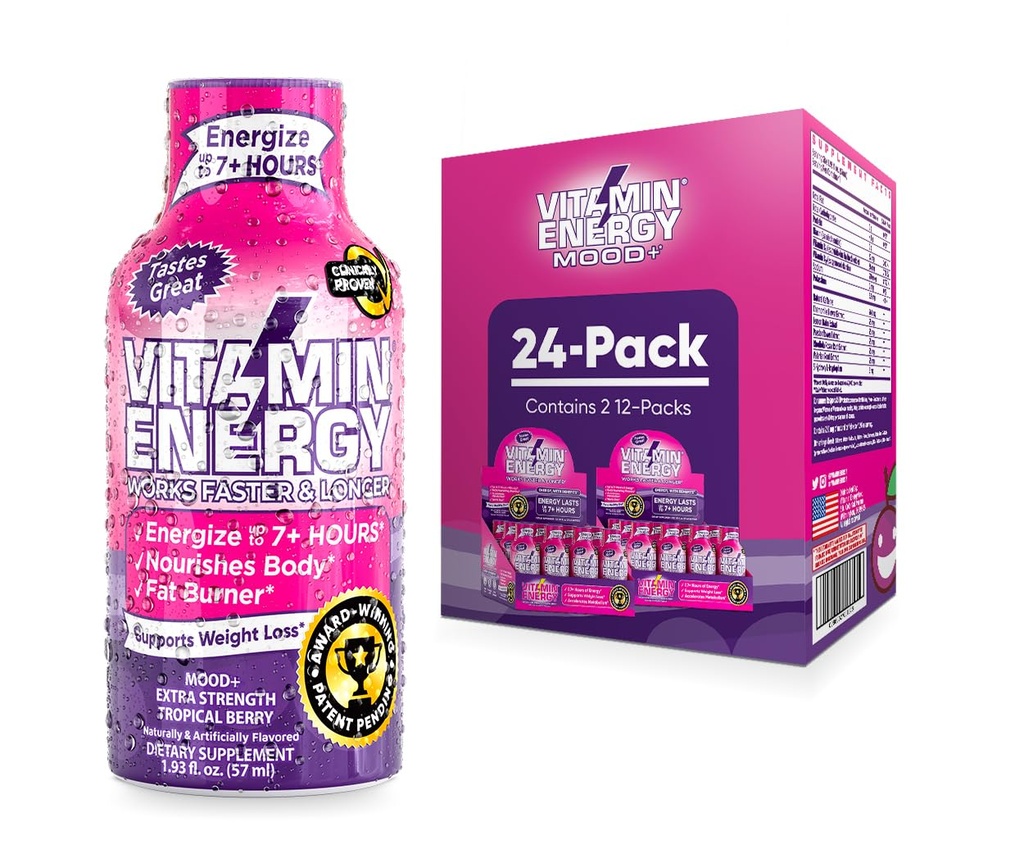 Vitamin Energy Mood+ Energy Shot – Tropical Berry – 100% DV B-Vitamins & 260mg Caffeine de base vegetal – Zero Calories, Sugar-Free, Vegan, Non-GMO – Mood & Energy Support – 1.93 fl oz, 24-Pack
