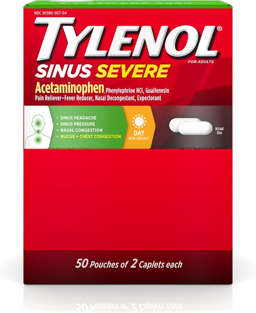 Tylenol Sinus Severe Caplets diurnos con Acetaminophen 325mg, Guaifenesin 200mg " Phenylephrine HCl 5mg, No-Drowsy Dolor, expectorant " Nasal Decongestant, 50 Travel Packs of 2 ct