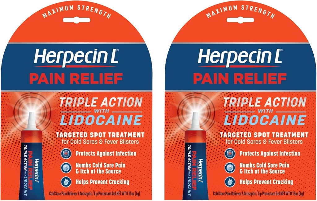 Herpecin-L Pain Relief Triple acción con Lidocaine Cold Sore y Fever Blister Tratamiento, 0.15 oz (2 Pack)