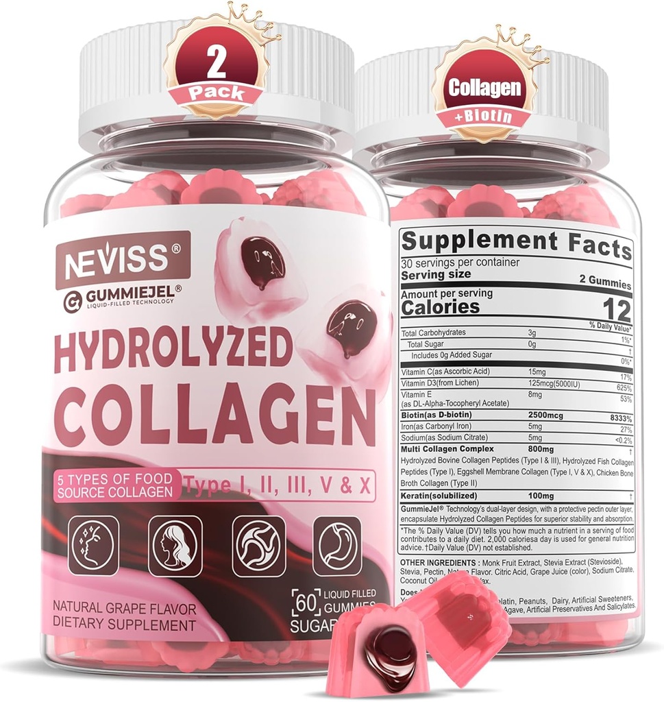 Péptidos de colágeno hidrolizado, Gummies marinas para Mujeres Hombres, Multi Collagen Tipo I II III V &amp; X para el crecimiento del cabello, uñas de piel sana - Collagen Gummy w / Hair Vitaminas Biotina Keratina & Vitamina D3, 120Cts