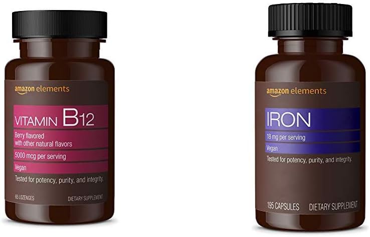 Elementos Vitamina B12 Methylcobalamin 5000 mcg Berry Flavored Lozenges and Elements Iron 18mg Capsules