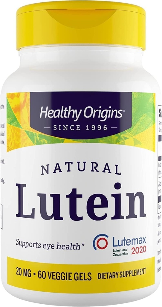Origenes saludables Lutein 20 mg (Lutemax 2020 con Zeaxanthin, No GMO, Vegan, Eye Support), 60 Gels vegetarianos
