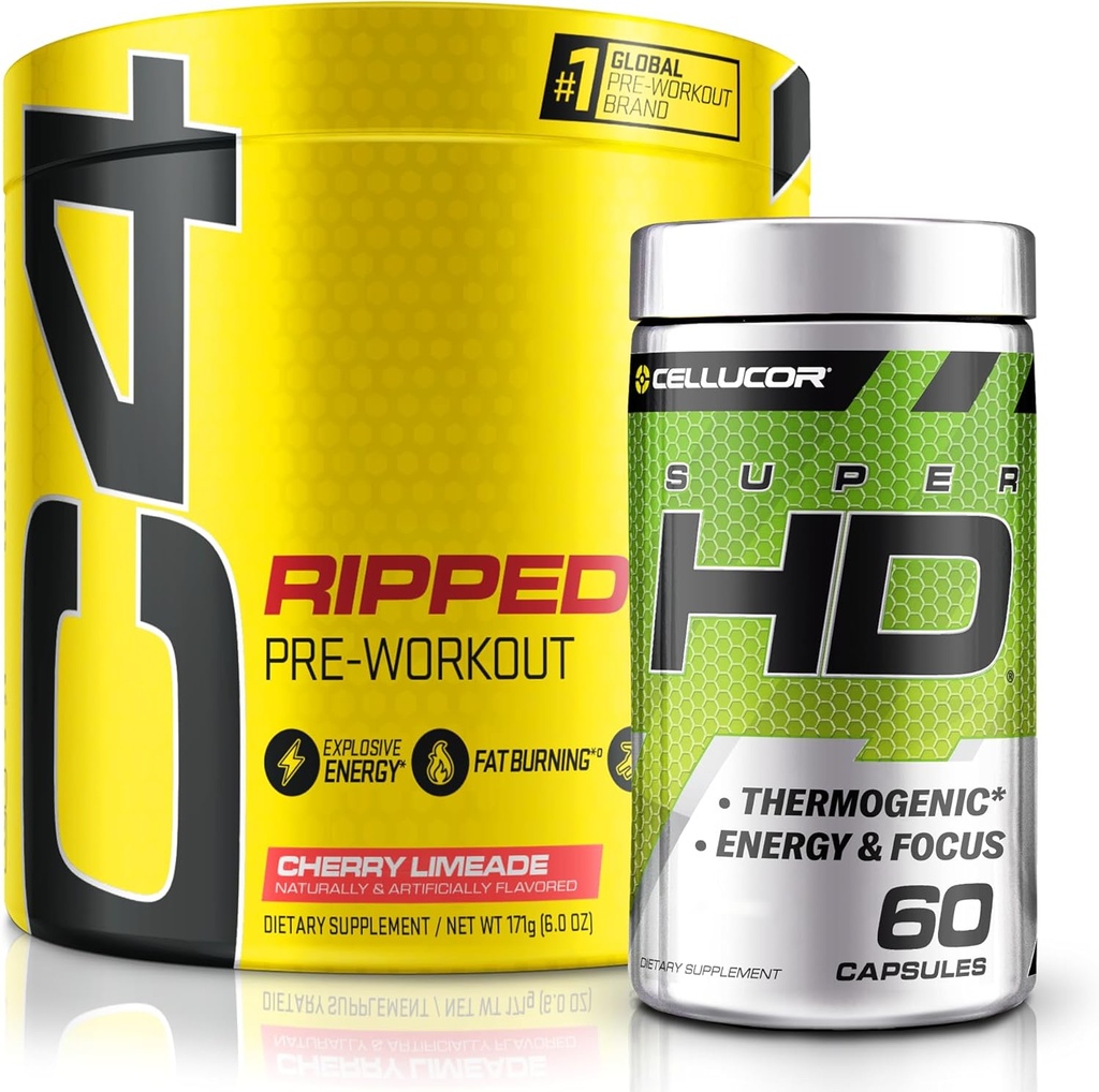 C4 Ripped & SuperHD, Thermogenic Bundle, C4 Ripped Pre Workout Powder, Cherry Limeade 30 Servings + SuperHD con Capsimax y Green Tea Extract, 60 Servings