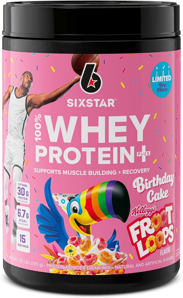 Six Star Whey Protein Powder Plus ← Muscle Building &amp; Recovery Plus Immune Support ¦ Muscle Builder for Hombres &amp; Mujeres vivieron los bucles Froot de Kellogg Cake Flavor de cumpleaños
