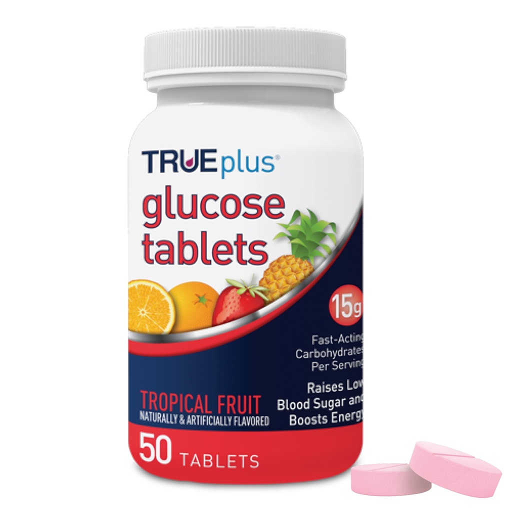 TRUEplus Glucose Tablets, Chewable, Tropical Fruit Flavor, 15g Fast-Acting Carbohydrates, Fat Free, Gluten Free, Boost Energy, 50 Count