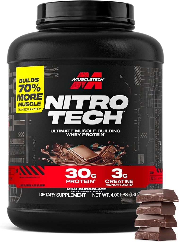 Muscletech Whey Protein Powder (Milk Chocolate, 4 libras) - Nitro-Tech Ultimate Muscle Building Formula with Whey Protein Isolate - 30g of Protein, 3g of Creatine &amp; 6.8g de BCAA - Packaging May Vary