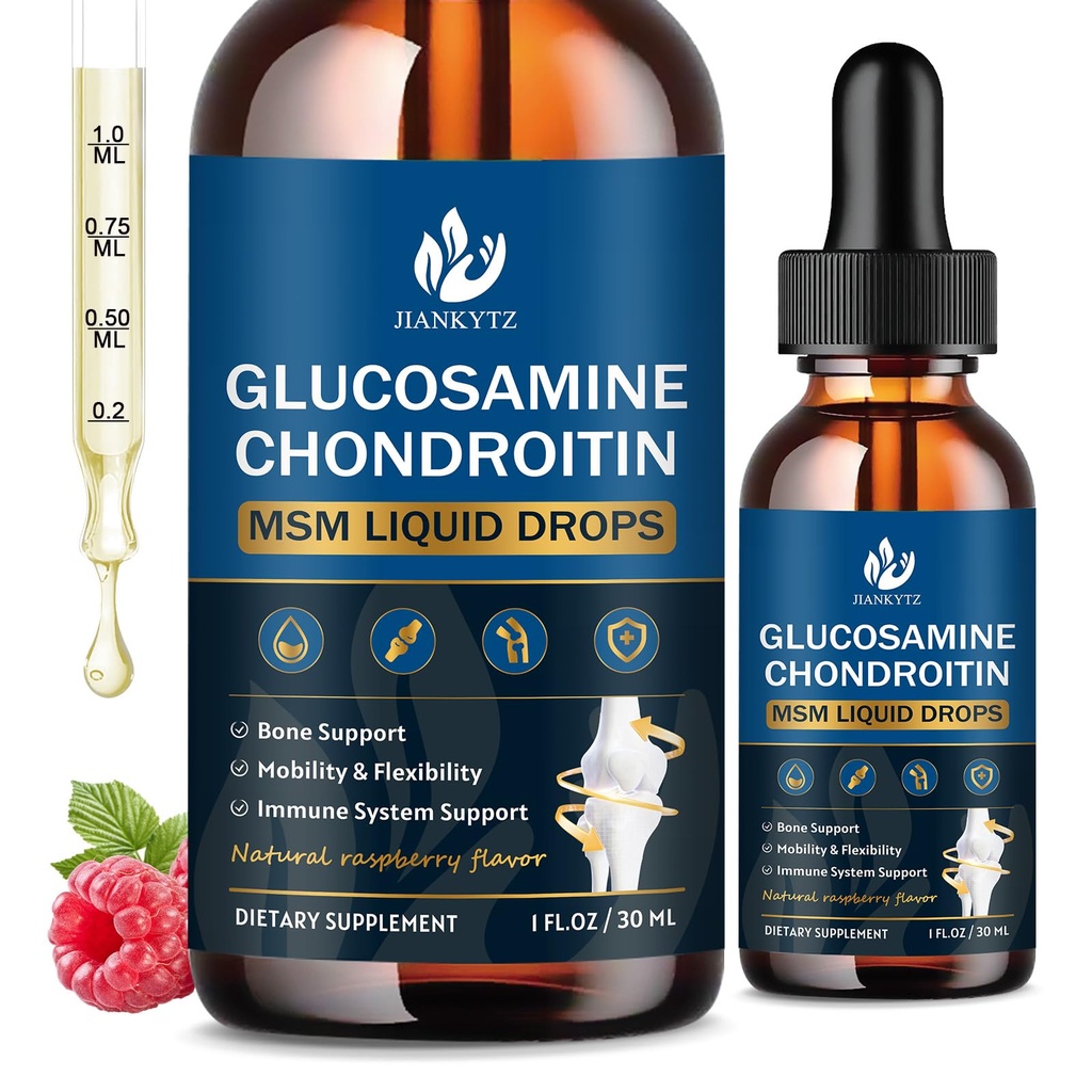 (2 Pack) Glucosamine Chondroitin MSM Liquid Drops, High Absorption, Antioxidant, Immune, Bone Support, MSM Supplement for Men &amp; Women, Vegan, Sugar-Free, Raspberry Flavor, 1 Fl Oz