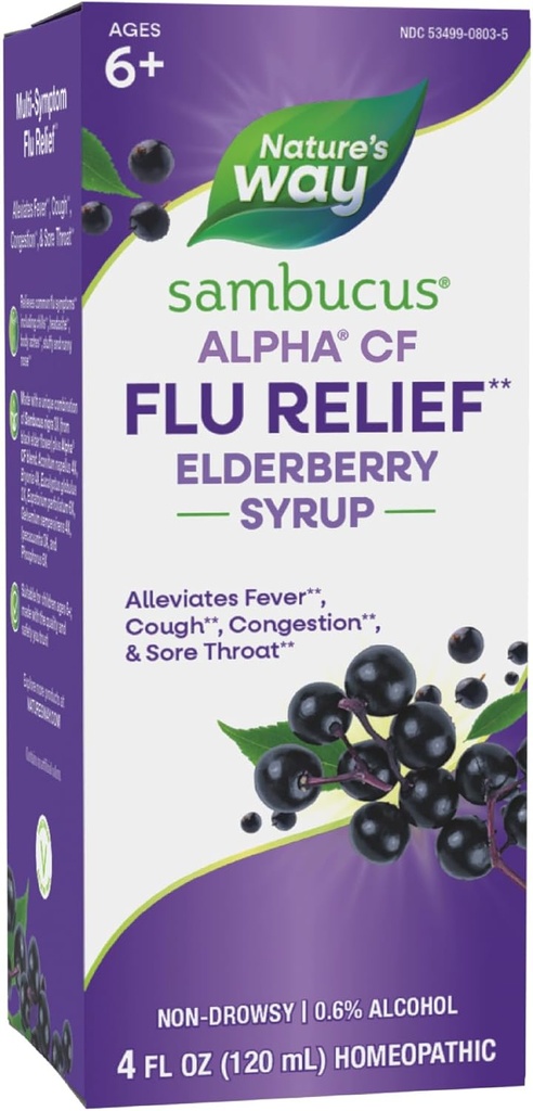 Camino de la Naturaleza Sambucus Alpha CF Flu Relief* Elderberry Syrup con Sambucus nigra 3X y Alpha CF, Alivia los síntomas de la gripe*, 4 Fl Oz (Paquete May Vary)