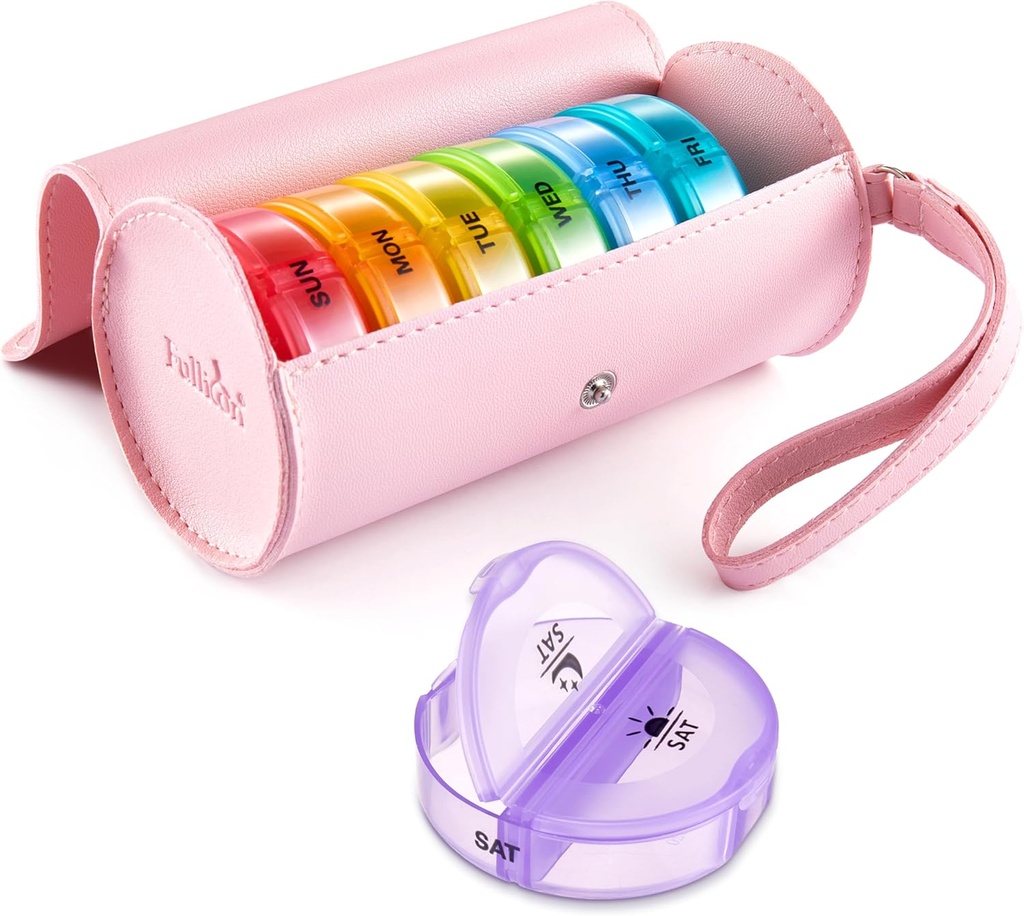 Fullicon PU Case Weekly Pill Box Organiser 2 Times A Day, Travel 7 Day Pill Boxes, Portable Tablet Organiser for Medicine, Medication, Vitamina, Fish Oil Supplements (Pink/Rainbow)