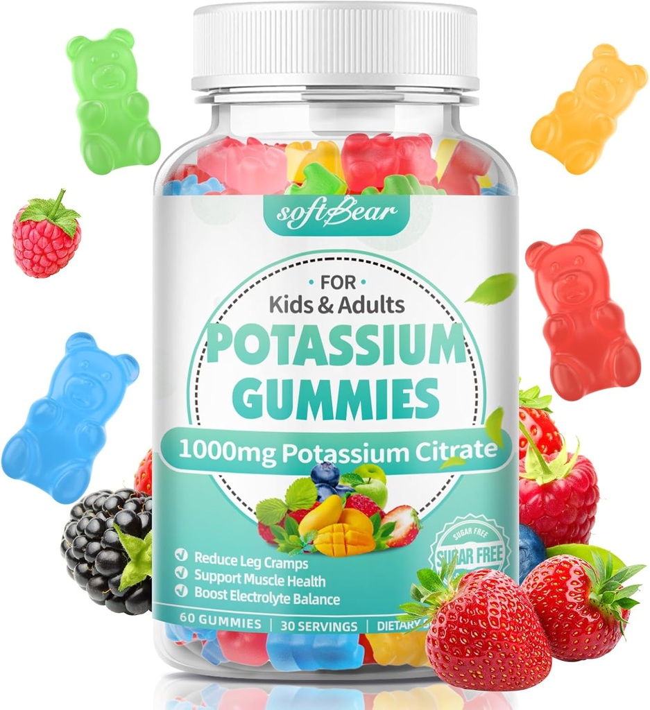 softbear Potasio Citrate Gummies, Potasio de Potencia Alta Citrate 1000mg Apoyos Leg Cramps &amp; Muscle Health Potassium Gummies for Adults &amp; Kids Mixed Fruit Flavor 60 Conteo
