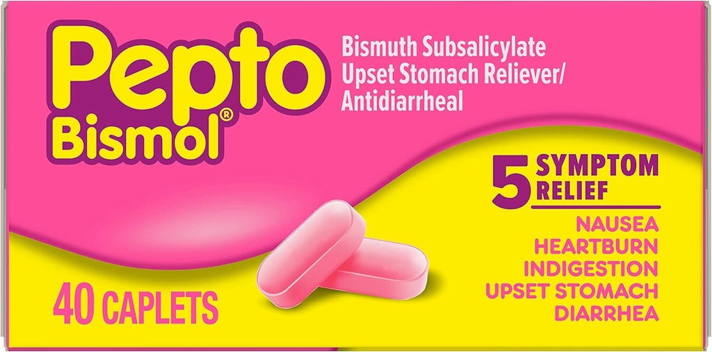 Caplets Pepto Bismol para Nausea, Heartburn, Indigestión, Upset Stomach y Diarrea, 5 Symptom Fast Relief in a Convenient Form, 40 ct