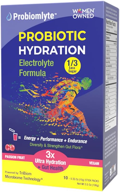 Amplificador de hidratación Probiótica Probiomlyte. Electrolitos + vitaminas clave + Probióticos + Prebióticos + Postbióticos + Citrullina tóxicoMejor resistencia, rendimiento, energía, Gut Health permanente Passion Fruit TEN10 sticks