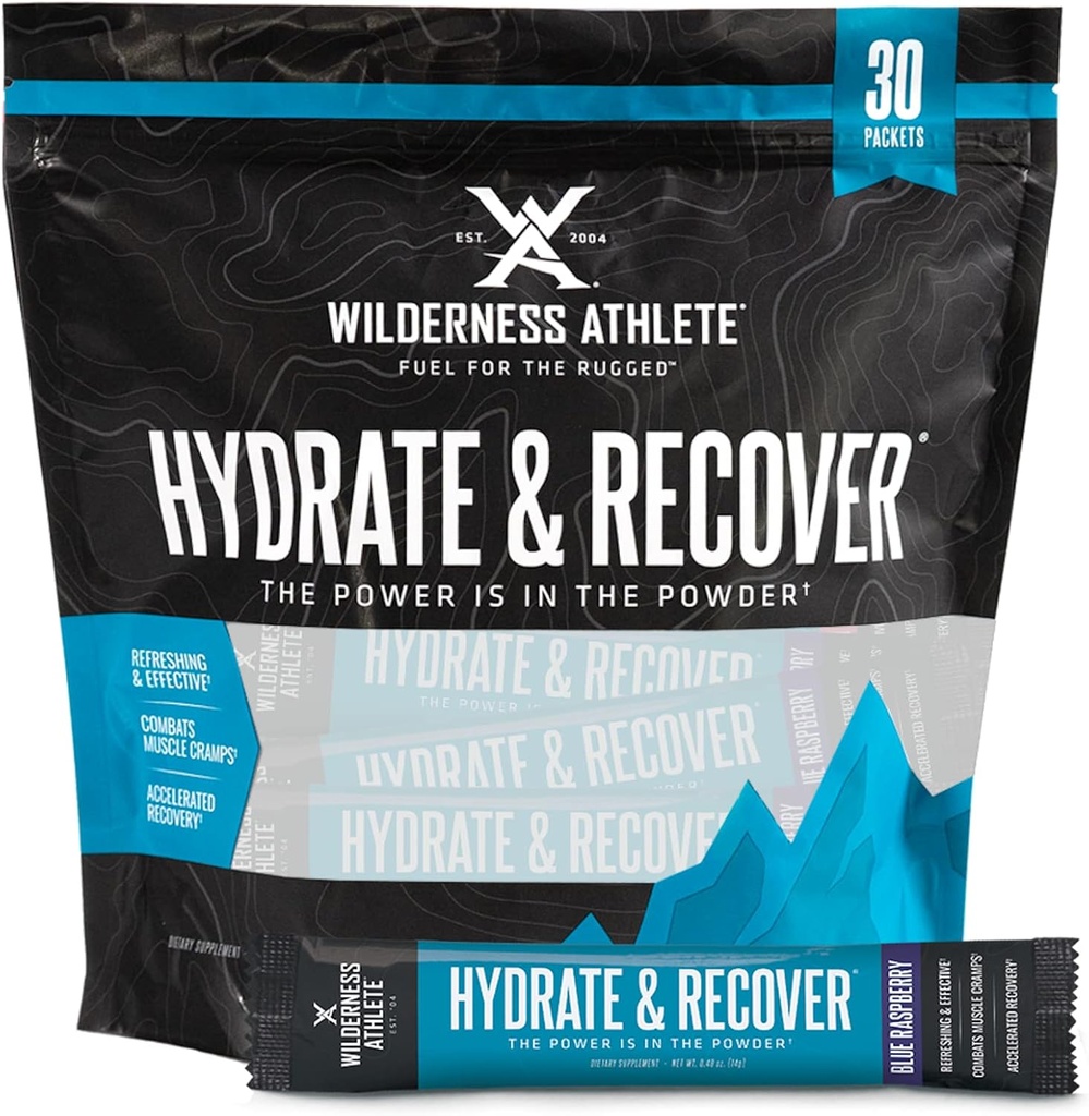 Wilderness Athlete - Hydrate & Recuperar ANTE Liquid Hydration Packets Electrolyte Drink Mix - Recover Faster with Bcaas - 30 Single Serving Hydrate Packets (Blue Raspberry)