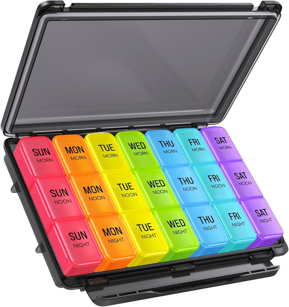 ZIKEE Organizador semanal de píldoras 3 veces al día con diseño resistente a la humedad, caja de píldoras 7 día con protección de privacidad para viajar, gran caso semanal de píldoras para medicamentos, vitaminas, aceites de pescado