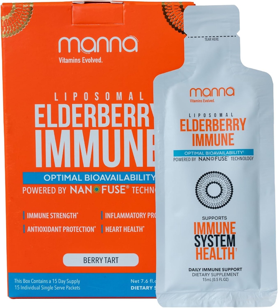 Manna Vitaminas Evolved Liposomal Elderberry Immune Packets, Vitaminas C, D etc. - Soporte diario para adultos, niños - Azúcar gratis, Extracto Real de Elderberry, Syrup, Viajes bienvenidos, 15 Pack
