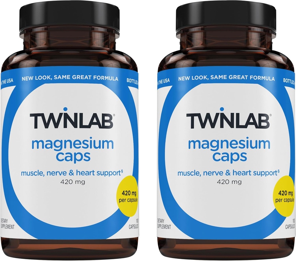 Capas de magnesio de Twinlab - Suplemento de magnesio de alta absorción para apoyar a los calambres de la pierna Alivio - cápsulas de magnesio para el alivio de estrés, 420 mg, 100 Conde, 2 Pack