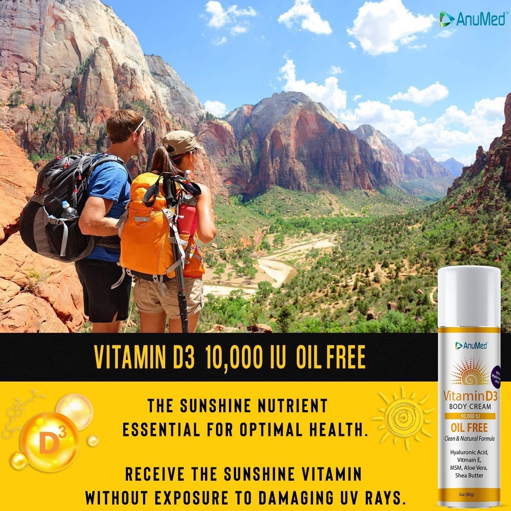 Vitamina AnuMed D3 10,000 UI Crema libre de aceite con ácido magnesio + hialurónico, vitamina E. Crema hidratante para la piel seca. No irritante, no GMO, 100% vegano, libre de gluten (3oz)