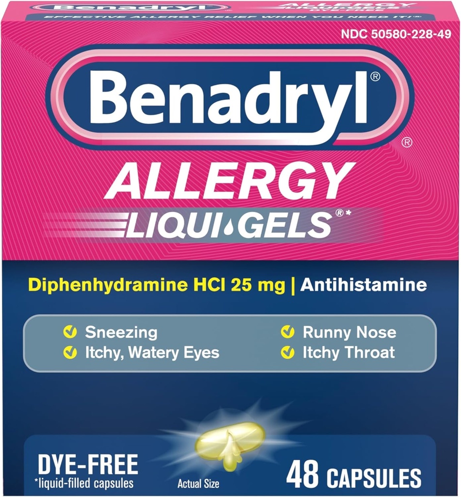 Benadryl Liqui-Gels Antihistamine Allergy Medicine " Cold Symptom Relief, Dye-Free Llantas con 25 mg de Diphenhydramine HCl para síntomas como, Runny Nose, Sneezing " Más, 48 ct