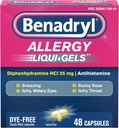 Benadryl Liqui-Gels Antihistamine Allergy Medicine " Cold Symptom Relief, Dye-Free Llantas con 25 mg de Diphenhydramine HCl para síntomas como, Runny Nose, Sneezing " Más, 48 ct