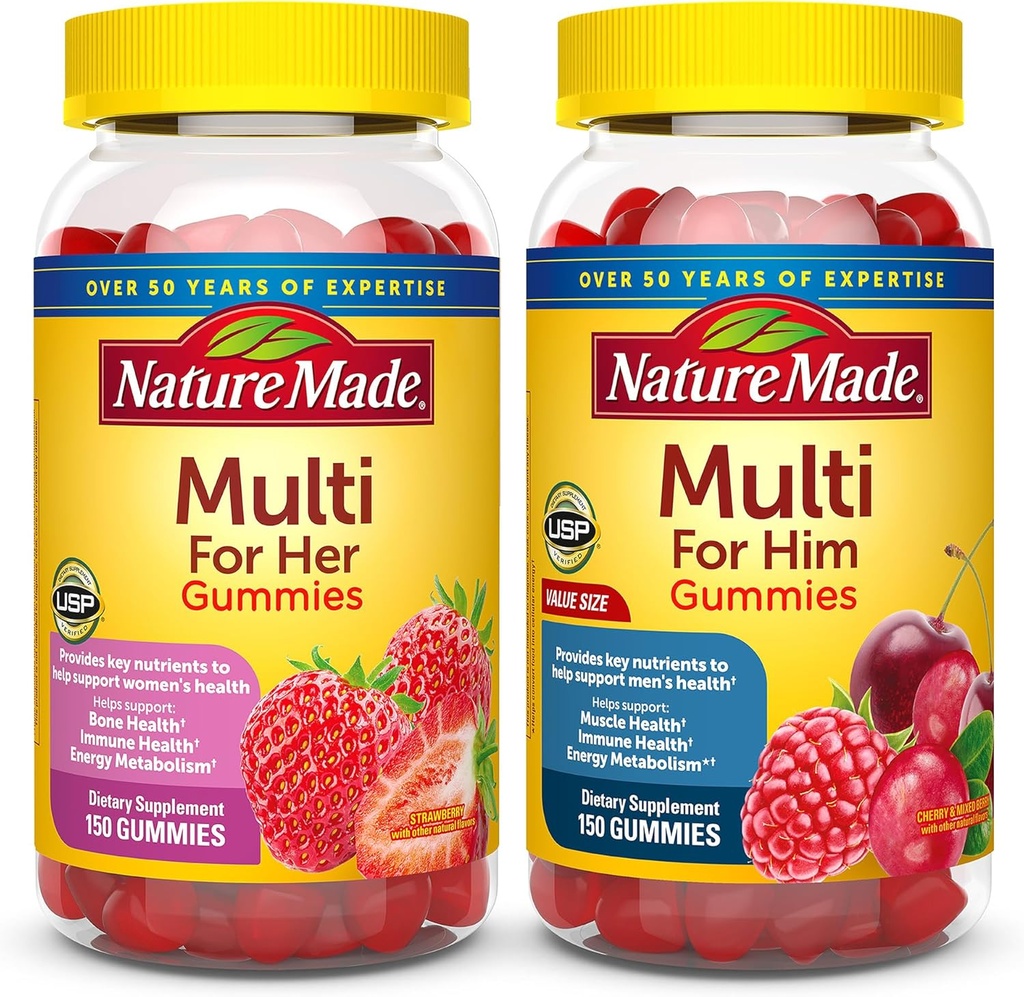 Nature Made Multivitamin Gummies Combo Pack for him & her, Tasty Men & Womens Multivitamin with Vitamin C, Vitamin D3, B Vitaminas, Zinc &amp; More, Two Multivitamin Bottles