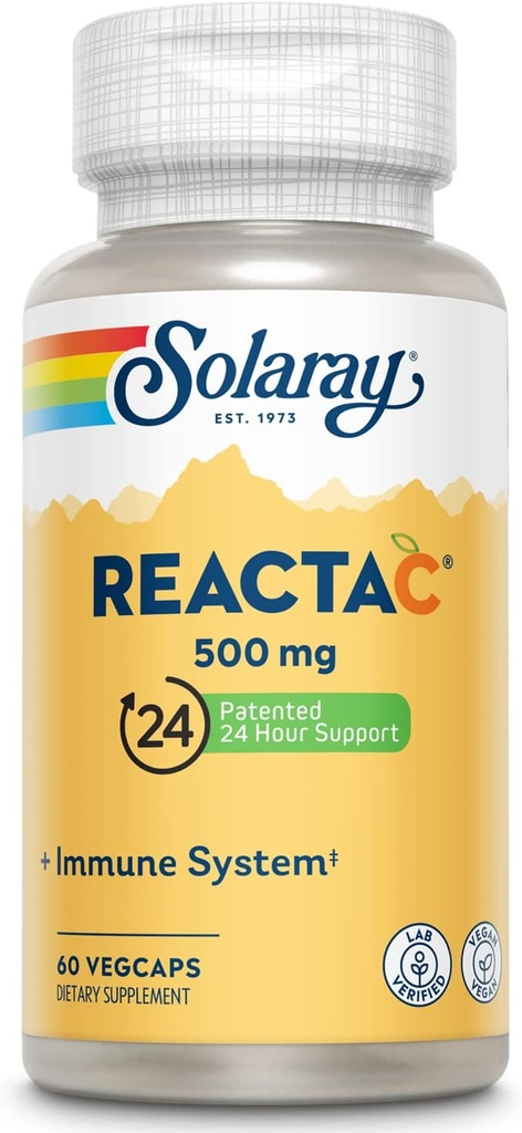 SOLARAY Reacta-C con vitamina C 500mg - 200mg Bioflavonoid Concentrate, Immune Defense Vitaminas - Patented 24 horas Immune Support Suplemento - Vegan - 60 cápsulas, 60 piezas