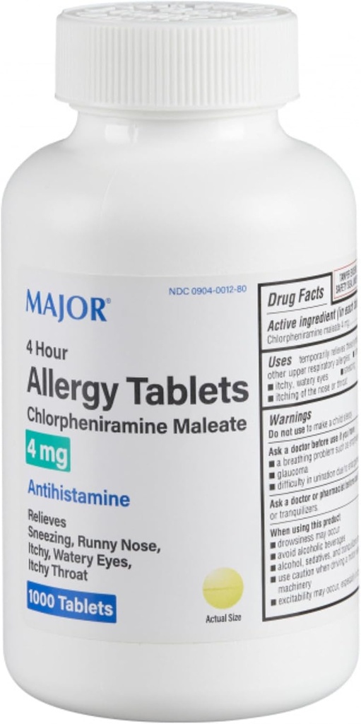 MAJOR 4 horas Alergía Tabletas - Clorpheniramine Maleate - 4 mg - Antihistamínico - 1000 Conde