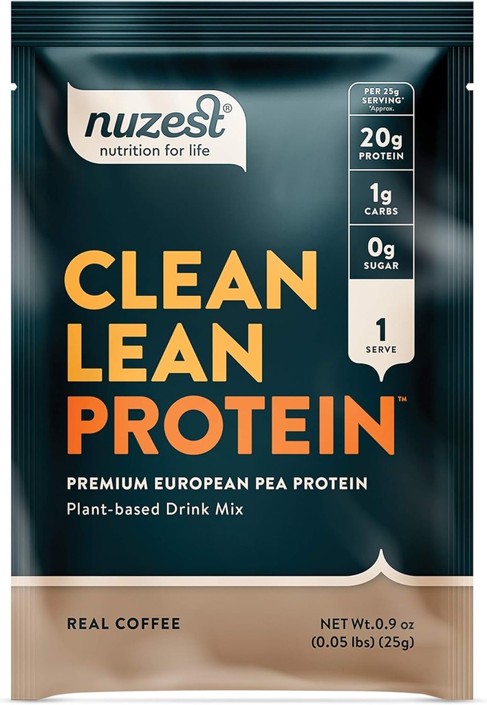 Nuzest - Pea Protein Powder - Clean Lean Protein, Premium Vegan Plant Based Protein Powder, Dairy Free, Gluten Free, GMO Free, Naturally Sweetened Protein Shake, Real Coffee, 1 Serving, 0.9 oz