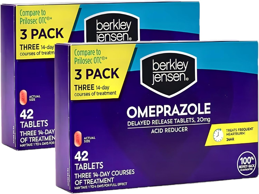 berkley jensen Omeprazole 20 mg Tablas de liberación retrasada - Heartburn Medicine- Acid reducer Pills - Treats Frequent Heartburn - 3 x 14-Day Courses, 42 Count (Pack of 2)