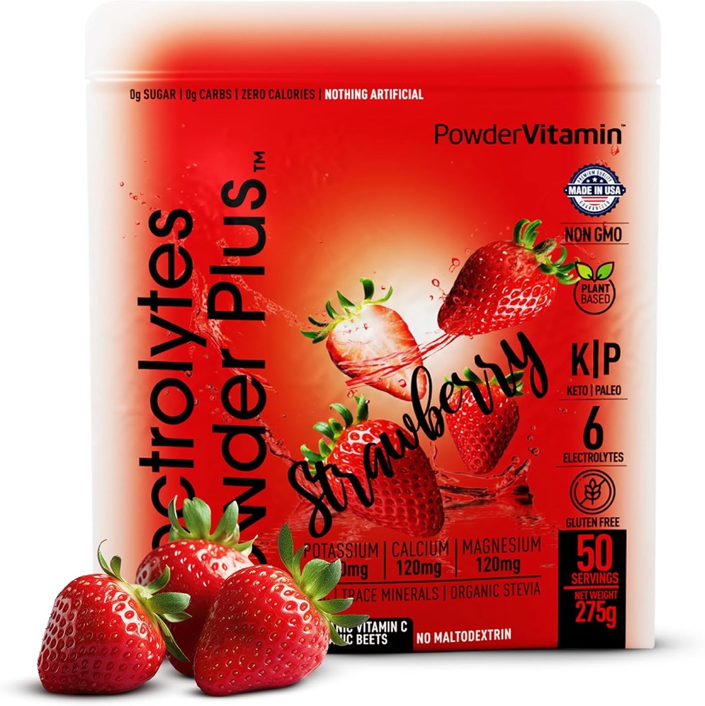 PowderVitamin Electrolytes Powder Plus Keto, Fresa (50 Servings) 0 Azúcar, No Maltodextrin,1000mg Potasio,120mg Calcio,120mg Magnesio, Vitamina Orgánica C, Calorias de Zoro, Hidratación Energética Polvo