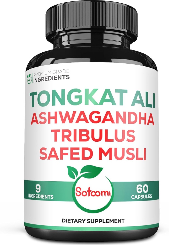 Satoomi Tongkat Ali Root Extract 200:1-9 Herbs esenciales con Ashwagandha, Tribulus Terrestris &amp; More - Apoyo Strength, Energía e Inmune saludable - 60 caps Vegan 2 Month Supply