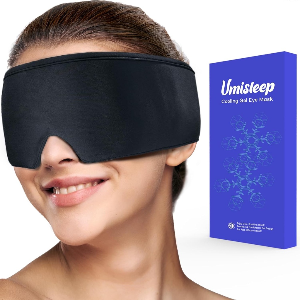 Máscara de Ojo de enfriamiento Umisleep, Máscara de sueño suave para ojos secos, paquete de cubierta de ojos de gel reutilizable, terapia de compresión fría, tratamiento de ojos de tinte, dolor de cabeza, círculos oscuros, ojos hinchados, alivio de las migrañas, negro