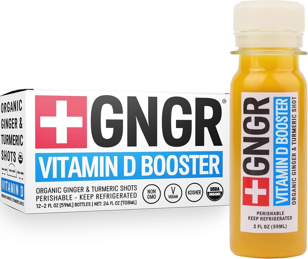 +GNGR Vitamina D Booster – Tropical Immunity Booster Edition Cold-Presed Ginger Shot with Pineapple, Passion Fruit, Orange, Turmeric &amp; Vitamin D3. Mood, Immunity & Energy. 2 fl oz (Pack of 12)