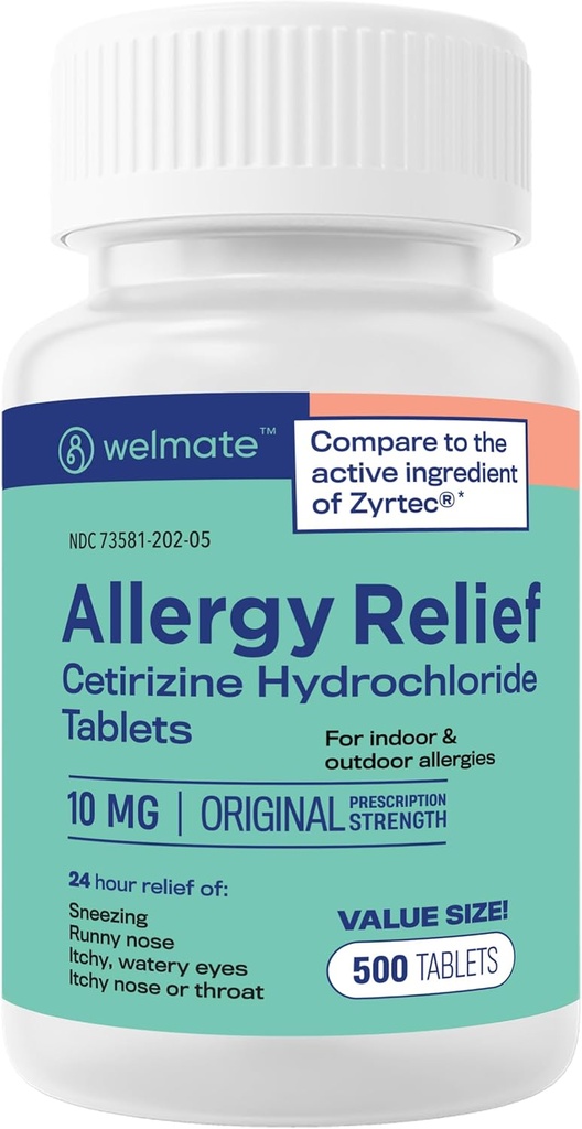 WELMATE - Alivio de la alergia - Cetirizina HCl 10 mg - Antihistamínico de 24 horas - No somnoliento - Runny Nose - Itchy Eyes & Throat - Indoor &amp; Outdoor Alergy Relief Tablets - 500 Tablets