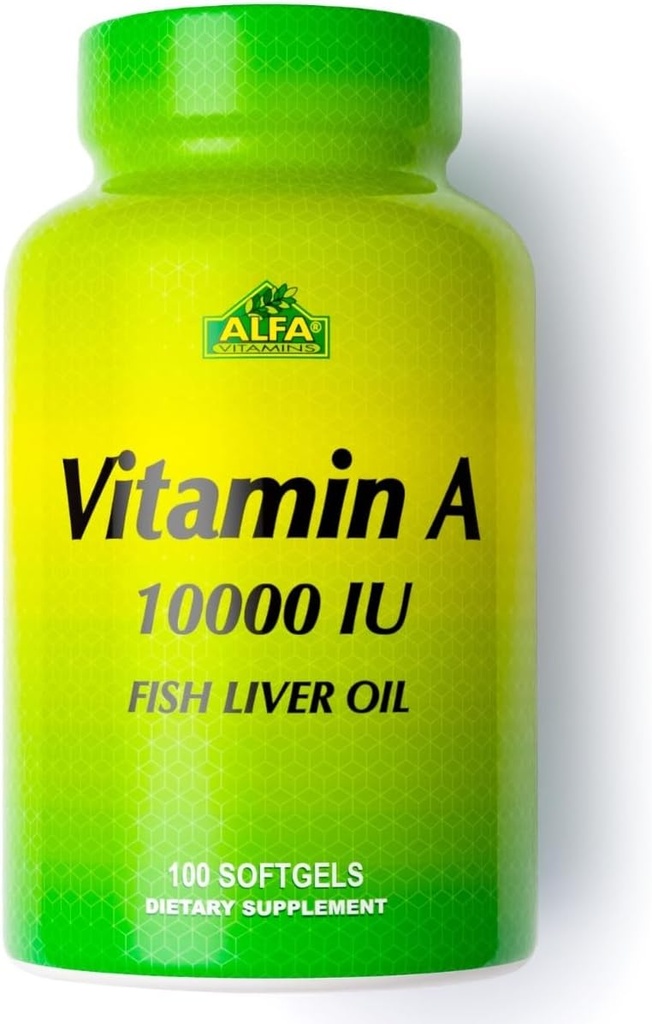 ALFA VITAMINS - Vitamina A - Fish Liver Oil 10,000 UI - Suplemento dietético diario ayuda a apoyar la visión, la piel y el sistema inmunológico - 100 Softgels