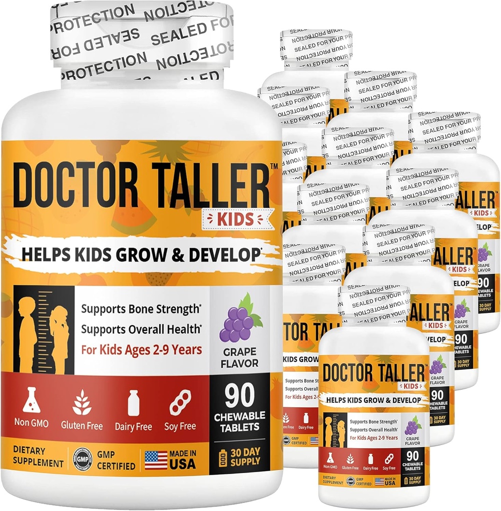 NuBest Doctor Taller Kids - Soporte Bone Strength with Multivitamins, Multiminerals, Calcium - Premium Fórmula para Edades 2 a 9 - Grape Flavor - 12 Pack ← 18 Meses de Suministro