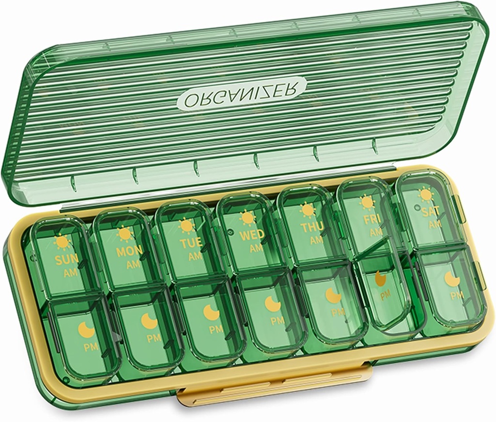 14 Células 2 veces al día Organizador semanal de píldoras - OFIDUS Moistureproof AM/PM Caja de píldoras diarias, Célula separada extraíble 14 días Pill Caso adecuado para Mujeres Hombres Joyería de viaje " Todos los días(Green)