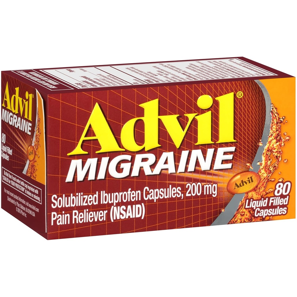 Alimentador de Dolor Migrano Advil, Solubilizado Ibuprofeno 200mg, 80 Conde, Líquido relleno cápsulas, Powerful Migraine Relief